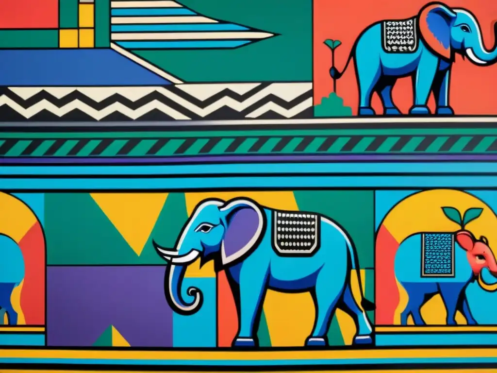 Pintura tribal Ndebele con animales en mitología surafricana en colores ricos y patrones geométricos