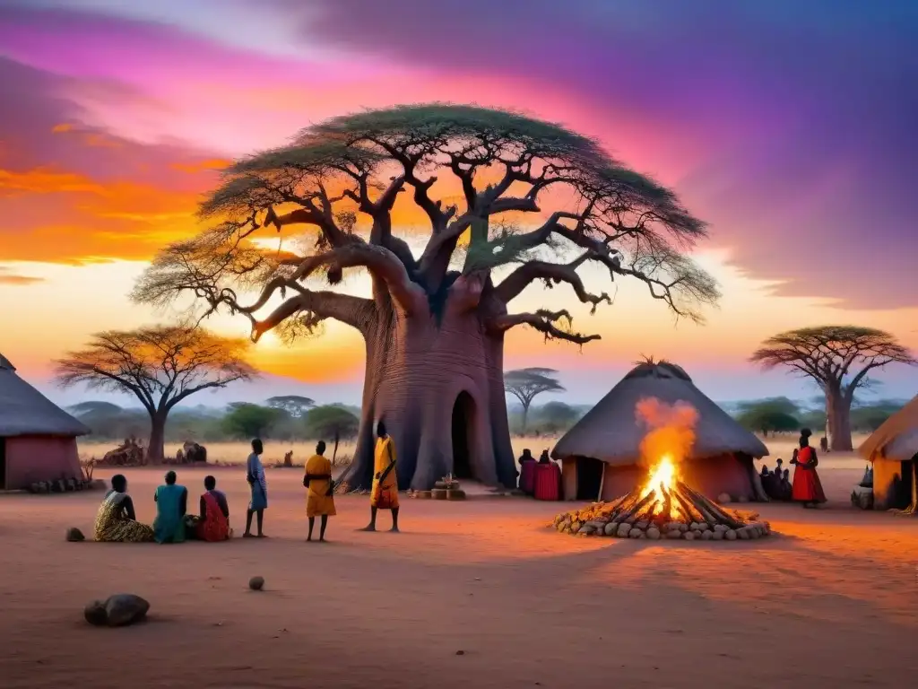 Pintura vibrante de un pueblo africano tradicional al atardecer bajo un baobab, capturando dimensiones espirituales Africa exploración civilizaciones