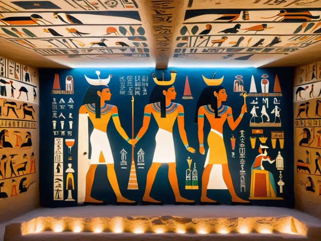 Pinturas y jeroglíficos detallados en la tumba de Nefertari, resaltando la conservación del patrimonio en Egipto y Nubia en el siglo XXI