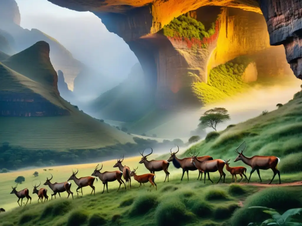 Pinturas rupestres detalladas en la cueva de los San en Drakensberg Pinturas rupestres detalladas de caza en cueva oscura de los montes Drakensberg por San en Sur África