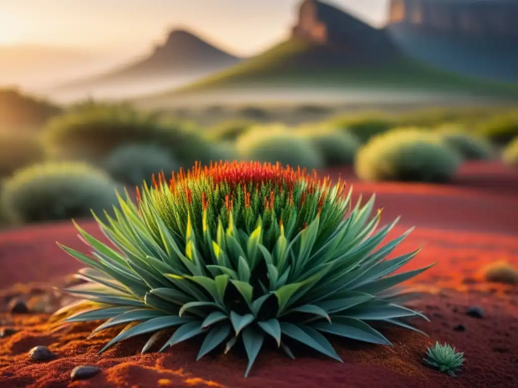 Planta de Rooibos en la sabana africana al atardecer, destacando su belleza natural