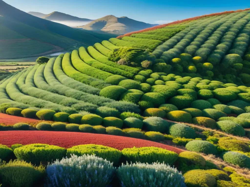 Plantaciones de rooibos rojo en Sudáfrica bajo cielo azul