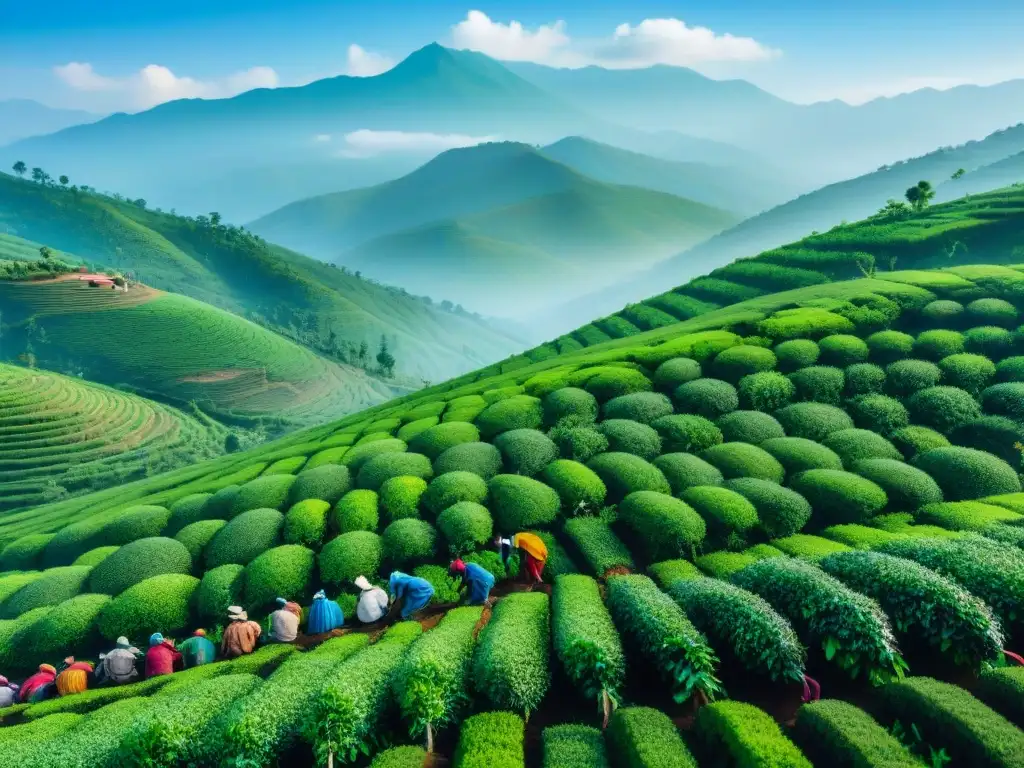 Plantaciones de té de Ruanda y Burundi: agricultores recolectando hojas con trajes coloridos en un paisaje pintoresco