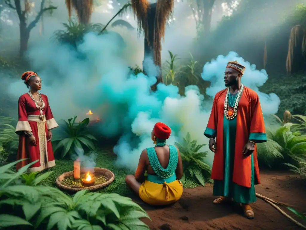 Plantas medicinales en rituales africanos: Curanderos en un bosque realizan un ritual sagrado entre plantas y humo de hierbas