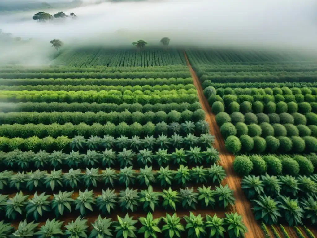 Plantas psicoactivas en África: plantación extensa con trabajadores indígenas cuidando las hojas verdes bajo el sol