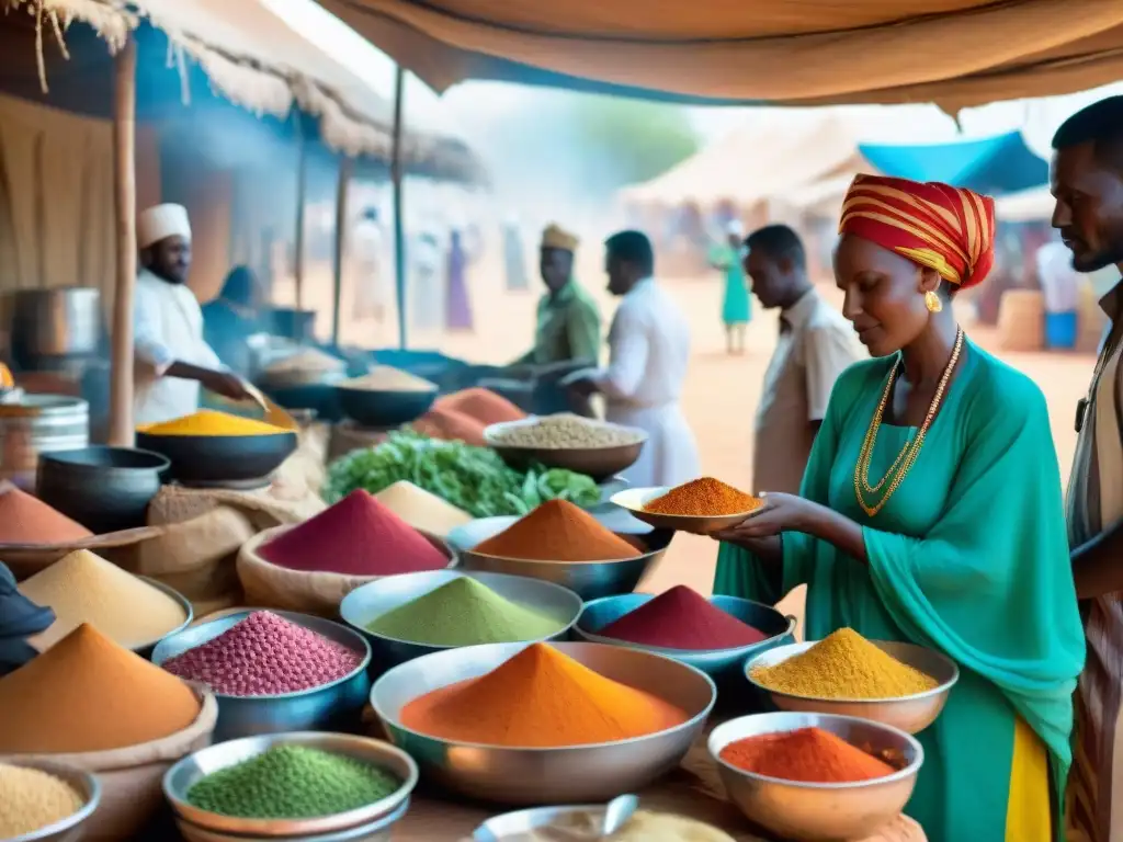 Platos tradicionales y gastronomía Sahel en vibrante mercado culinario