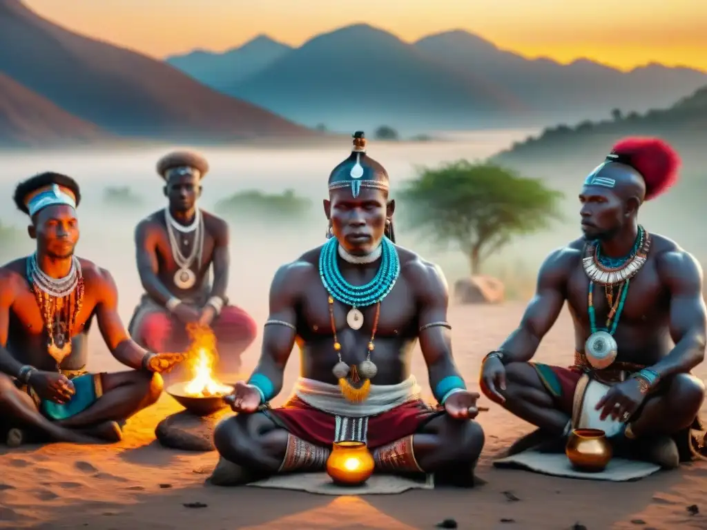 Ritual africano al atardecer: chamanes en acción Poder espiritual en rituales africanos: chamanes en un ritual dinámico al atardecer en una remota aldea africana