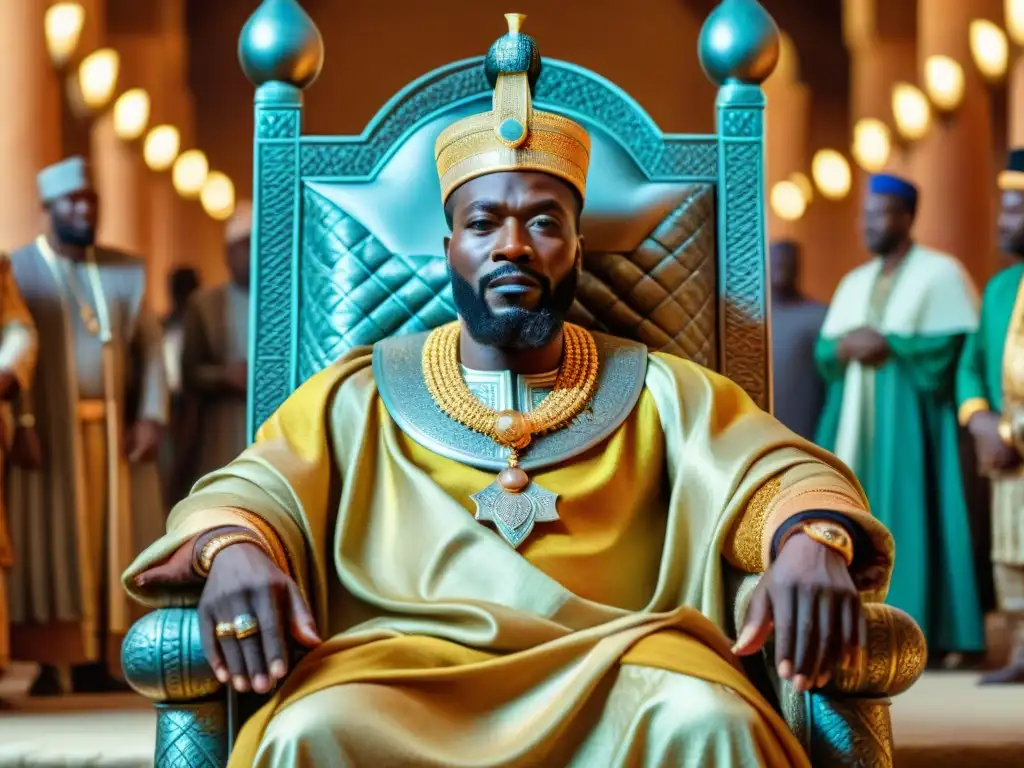 El poder y la opulencia de Mansa Musa en el Imperio de Mali, rodeado de riquezas en un vibrante mercado