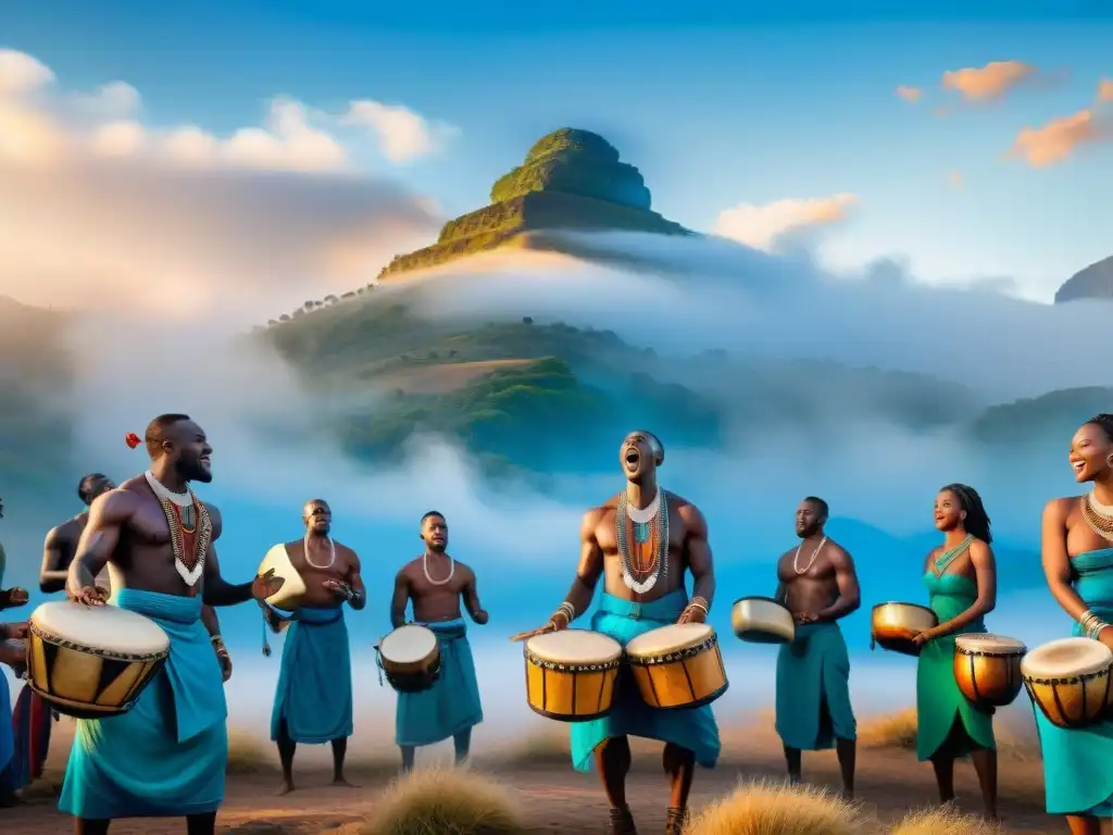 Poder de los tambores africanos: Grupo vibrante tocando tambores y cantando en ceremonia espiritual bajo cielo azul