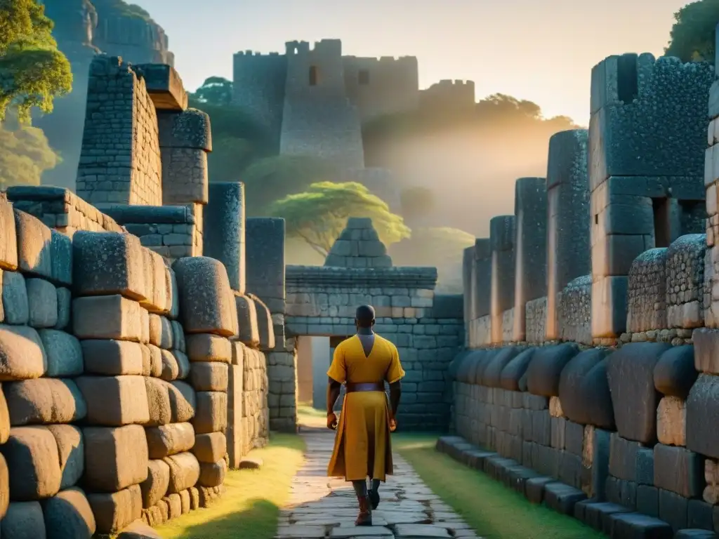 Poderosa arquitectura de los reinos en el sur de África: muros de piedra detallados de Great Zimbabwe al atardecer