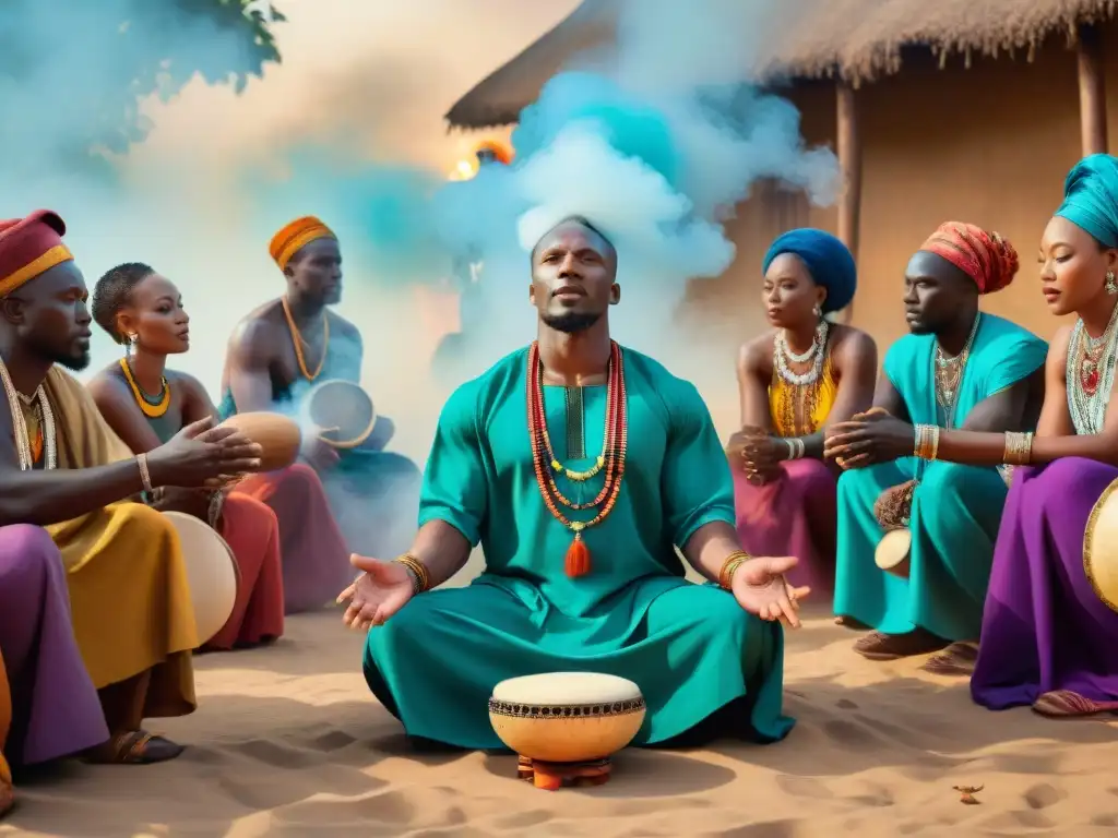 Una poderosa ceremonia de sanación a través del sonido en un animado mercado africano, con curanderos y comunidad participando juntos