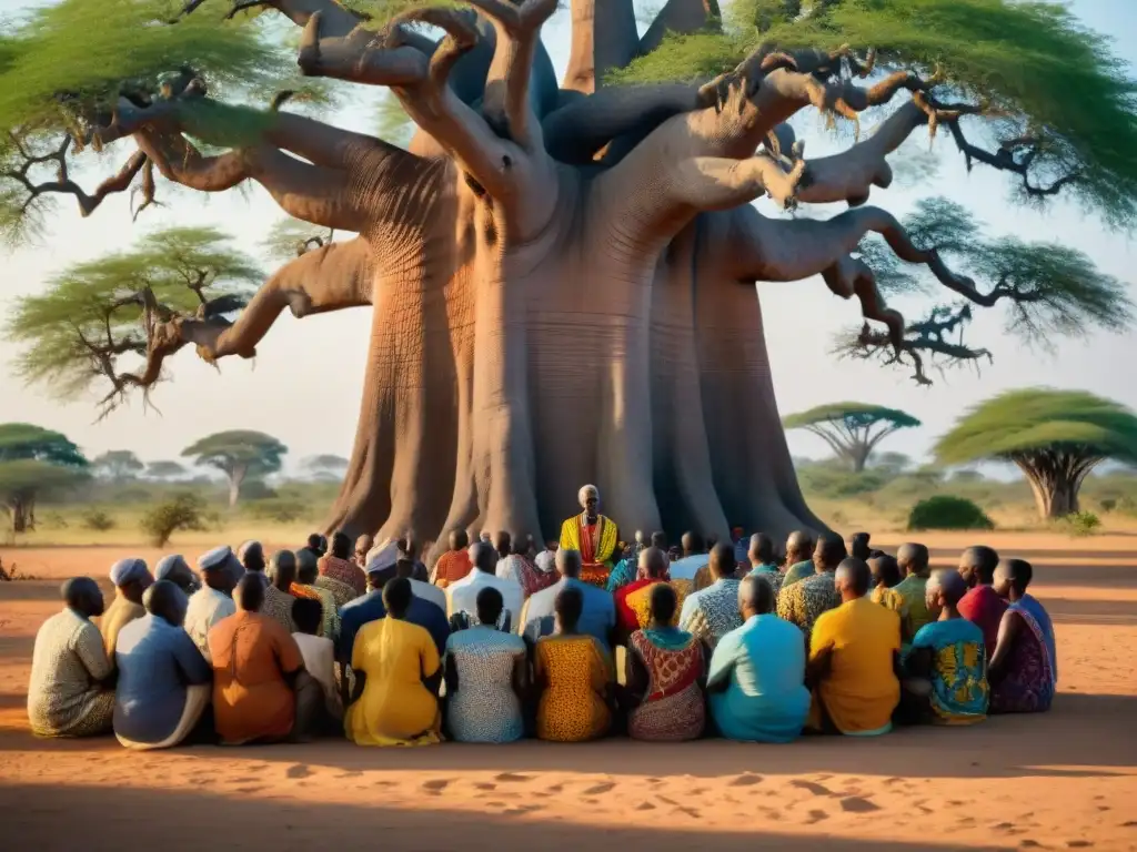 Una poderosa sesión de oraciones y hechizos en África bajo un imponente baobab, con comunidad africana rezando juntos