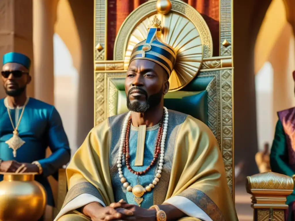 Mansa Musa, el poderoso emperador del Imperio de Malí, ostenta liderazgo en imperios africanos desde su trono dorado