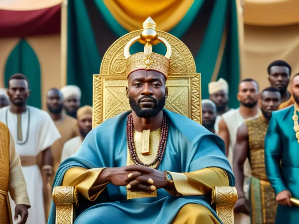 El poderoso Mansa Musa en su trono dorado rodeado de riquezas, simbolizando el liderazgo en imperios africanos