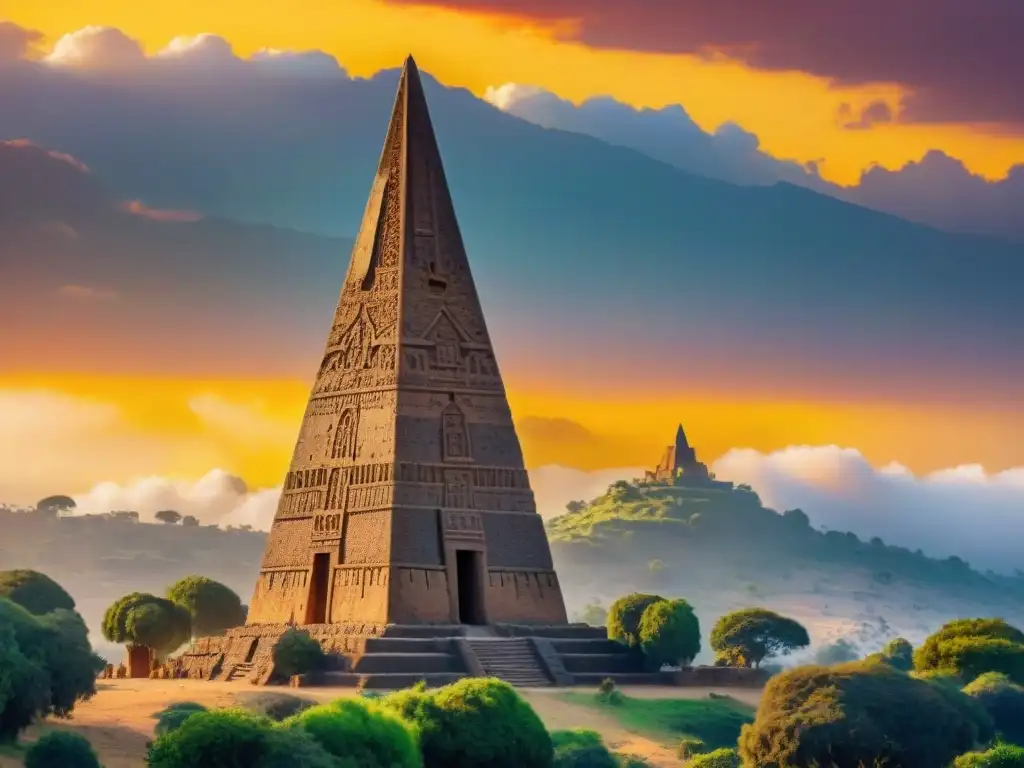 Poderoso Obelisco de Axum al atardecer, reflejando la influencia del Imperio Axumita en civilizaciones africanas