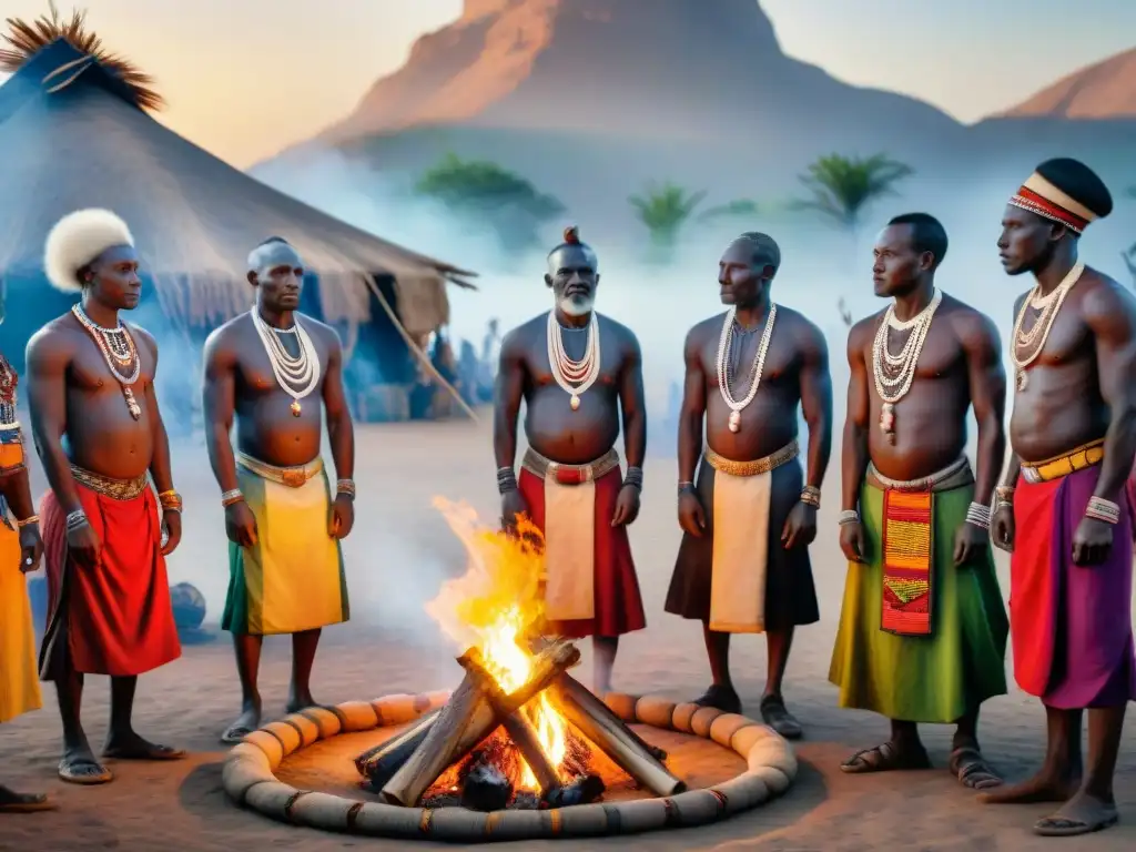 Ritual espiritual africano al anochecer: ancianos tribales en llama Un poderoso ritual africano con ancianos tribales en atuendos vibrantes, iluminados por el fuego al atardecer