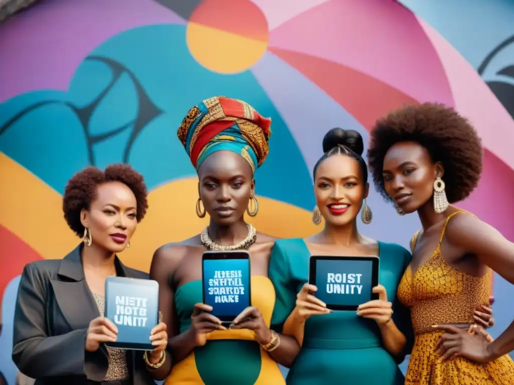 Potente imagen de mujeres africanas diversas realizando activismo feminista digital en África, frente a un mural vibrante