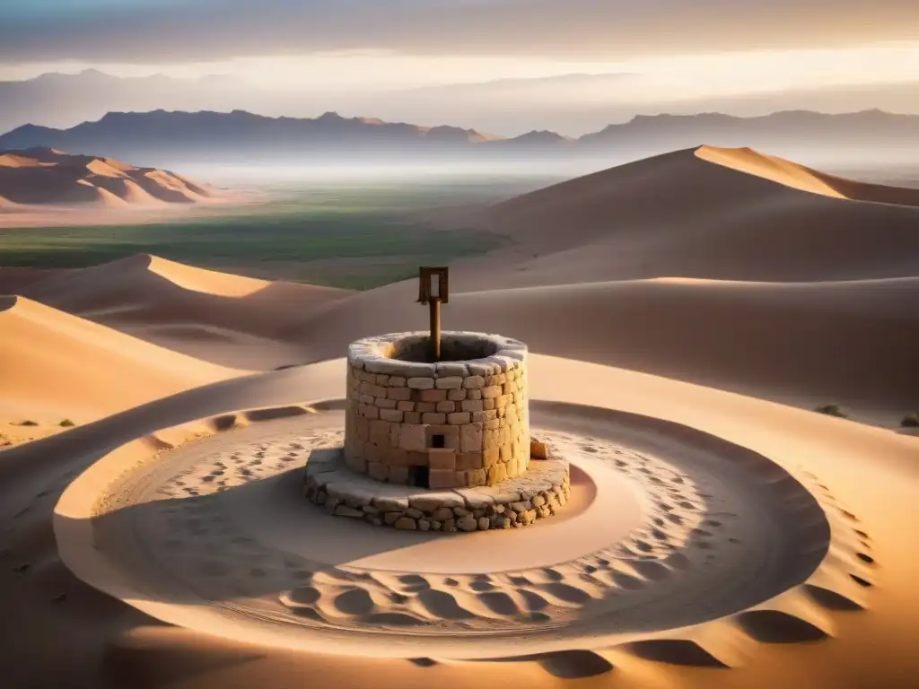 Pozos de agua de piedra bereberes en un paisaje desértico con duna de arena al fondo