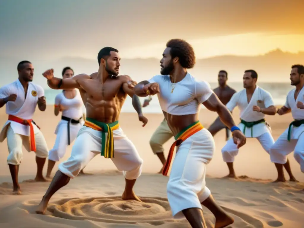 Practicantes de Capoeira en una roda al atardecer en la playa