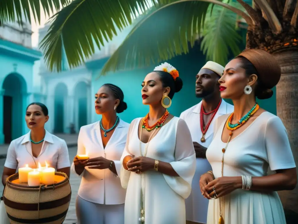 Practicantes de Santería en ritual sagrado bajo palmeras, evocando la evolución de la Santería en Cuba