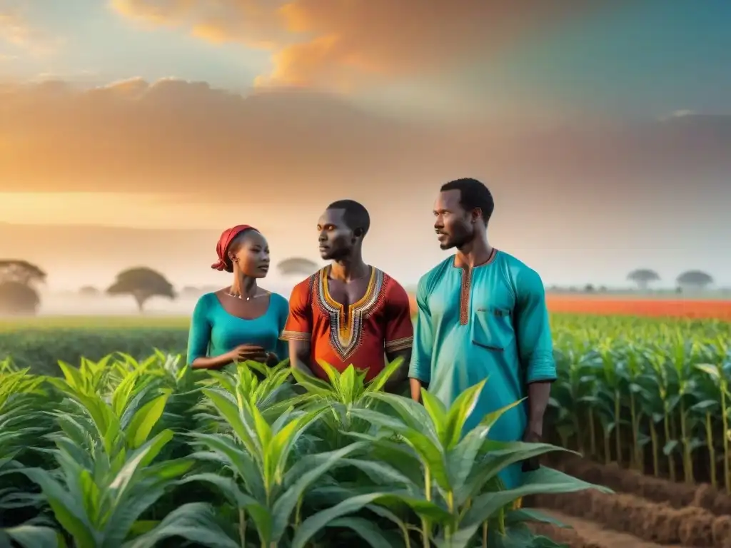 Ingeniería genética en prácticas agrícolas: Agricultores africanos innovadores trabajando en campo con sabiduría ancestral