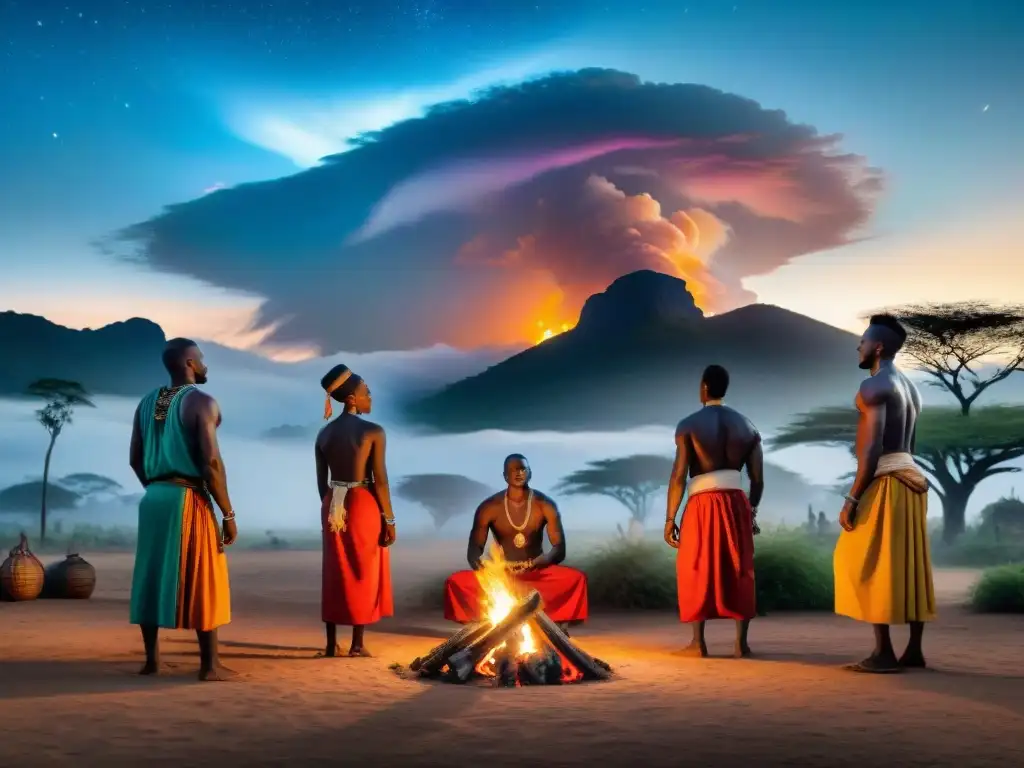 Prácticas colectivas de espiritualidad africana: Danza alrededor del fuego sagrado bajo el cielo estrellado