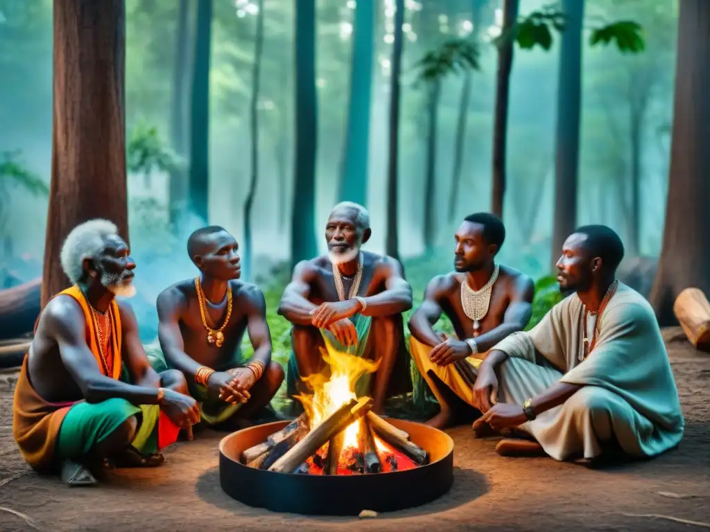 Prácticas espirituales en África: Ancianos africanos en ceremonia alrededor del fuego en el bosque místico