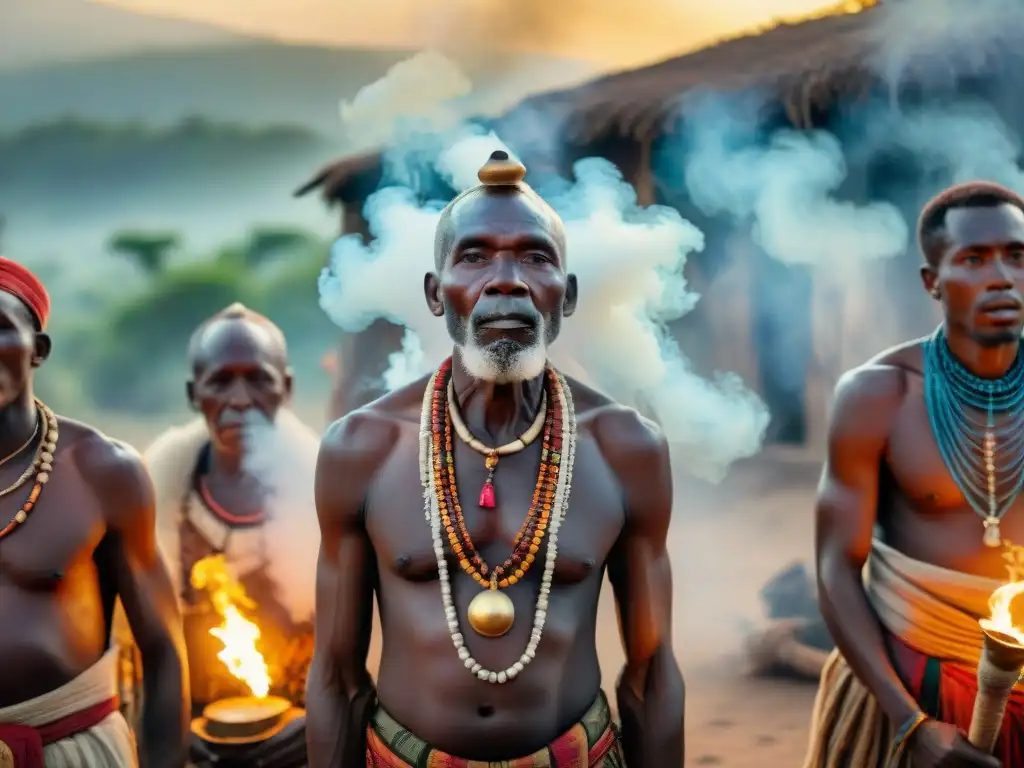 Prácticas espirituales en África ancestral: Ancianos africanos realizan un ritual ancestral al anochecer, rodeados de humo y antorchas