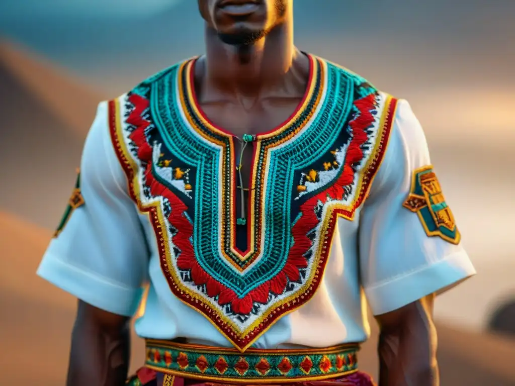 Exquisita prenda africana: colores vibrantes y simbolismo Una prenda africana tradicional ricamente simbólica, detallada y colorida
