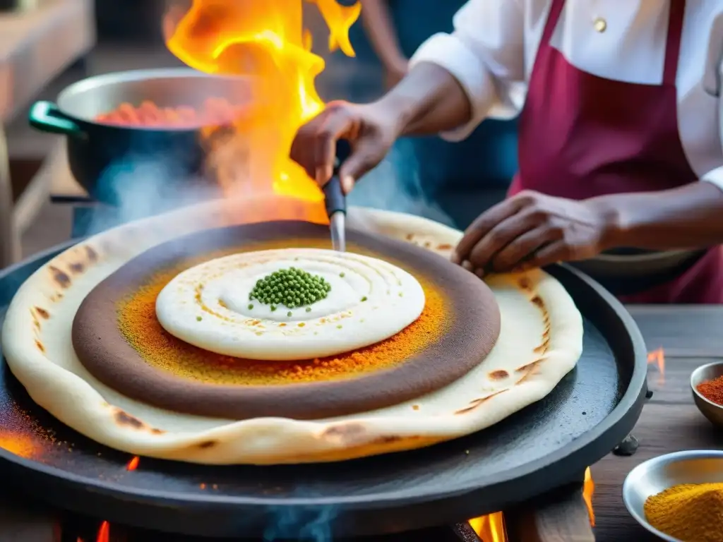 Preparación de injera etíope en un sartén sobre fuego