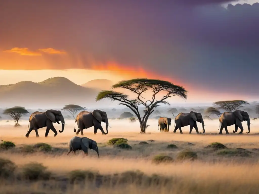 Principio espiritual: armonía en la naturaleza de África al amanecer, con leona majestuosa y elefantes en la sabana colorida