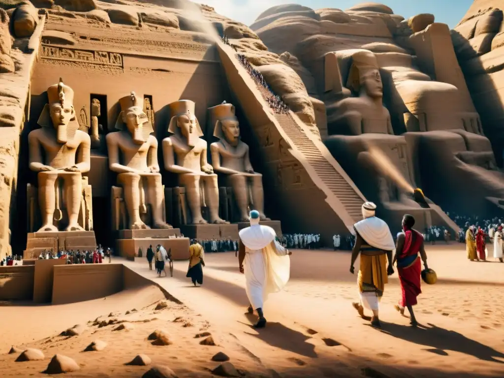 Una procesión de peregrinos avanza hacia el templo de Abu Simbel en Egipto, bajo el sol del mediodía