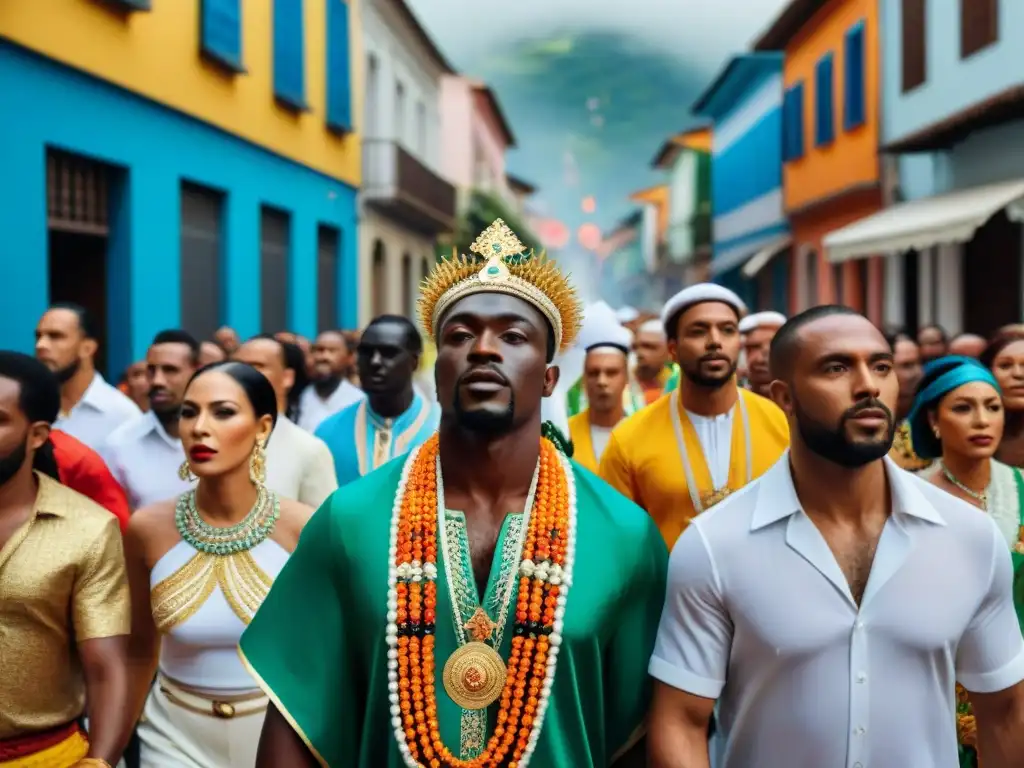 Una procesión religiosa vibrante y colorida en Brasil, fusionando elementos africanos y católicos