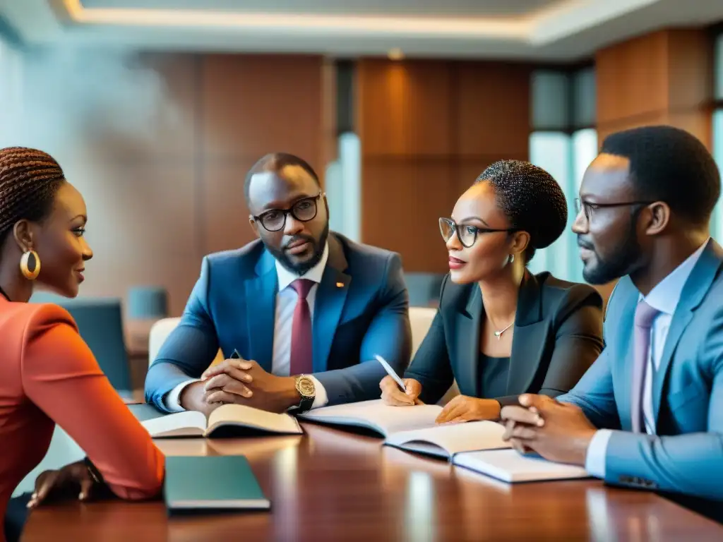 Profesionales legales africanos colaborando en una mesa de conferencias, representando la convergencia de sistemas legales en África