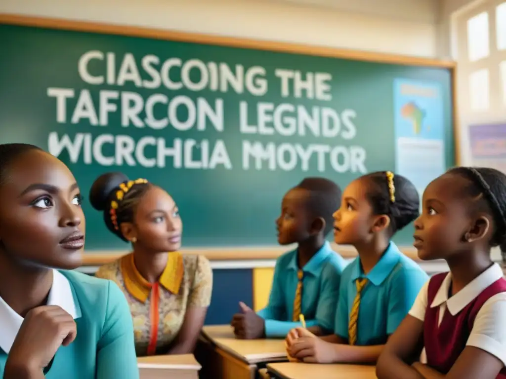 Profesora africana enseña mitos y leyendas africanas a niños atentos en aula colorida