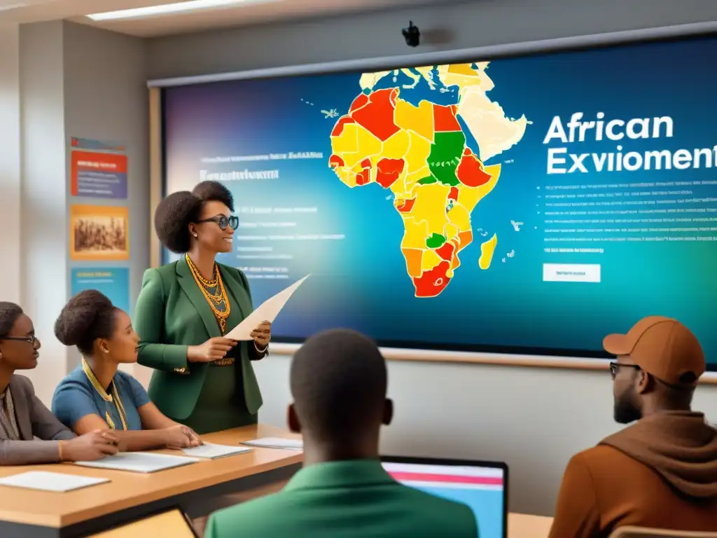 Profesora enseña historia africana en currículos globales a alumnos diversos en aula vibrante