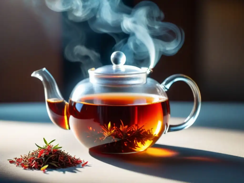 Propiedades antioxidantes del té rojo: Hojas de rooibos rojo en infusión, con vapor y luz solar