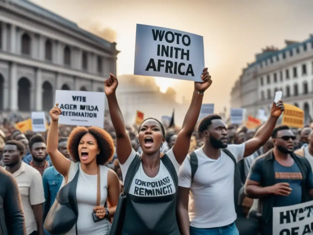 Protesta contra dictador en África: unidad y determinación Protesta en plaza de la ciudad contra dictaduras modernas en África, con diversidad de manifestantes decididos y expresiones de determinación