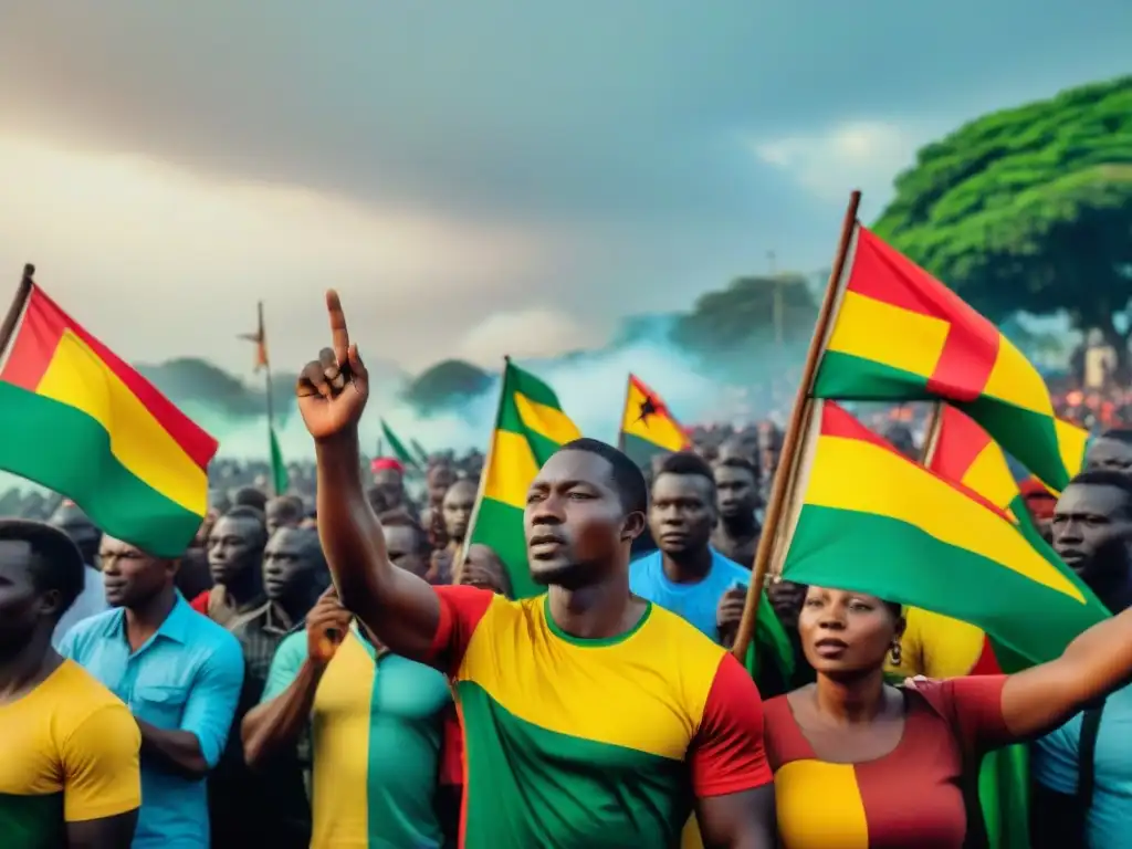 Protesta vibrante por la Independencia en Togo, rostros pintados con la bandera nacional, expresando determinación y esperanza