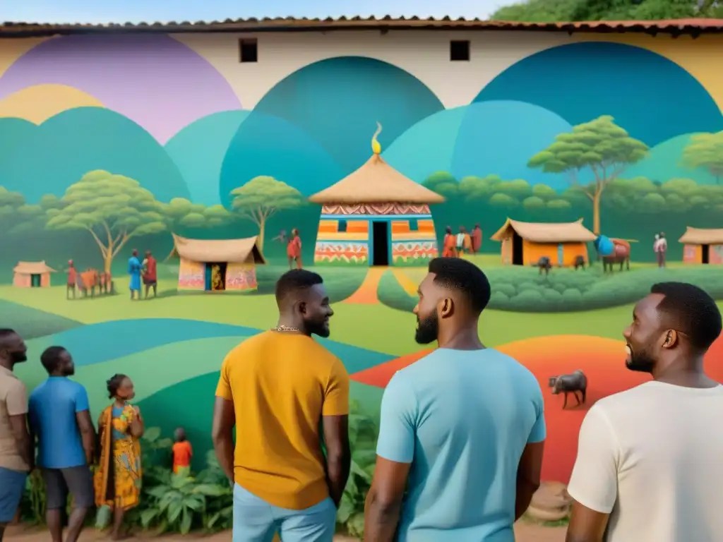 Proyectos comunitarios arte transformación África: Comunidad africana creando mural colorido y detallado en pueblo rural