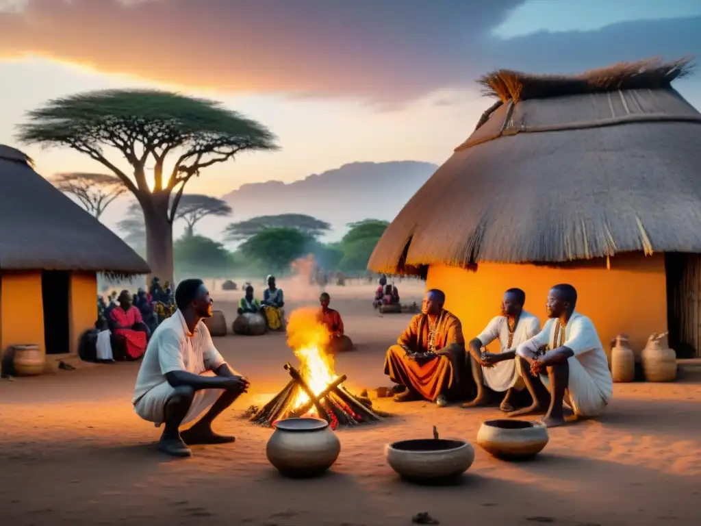 Un pueblo africano vibrante al atardecer, con siluetas alrededor de una gran hoguera, honrando a sus ancestros en la vida africana