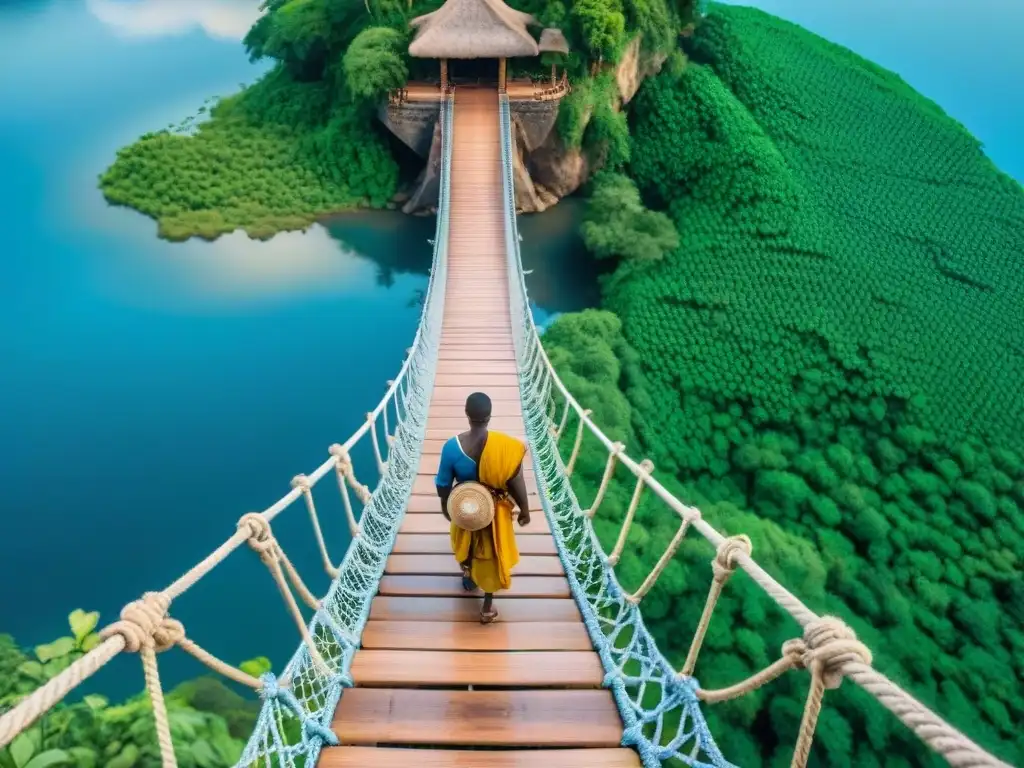 Un puente colgante de cuerda majestuoso en África Occidental, entrelazado con la cultura local y la naturaleza exuberante