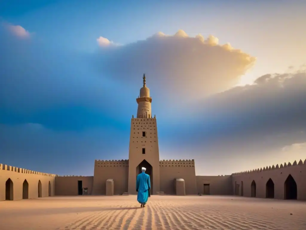 Puentes culturales entre África Occidental: la mezquita Djinguereber de barro en Timbuktu, Mali, iluminada por el sol poniente