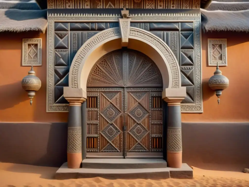 Puerta africana tallada a mano con motivos simbólicos y significado en la arquitectura africana