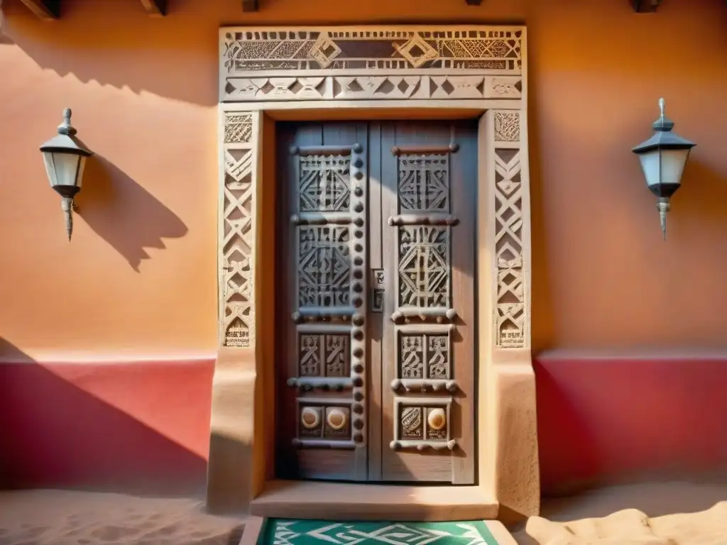 Puerta de madera tallada con patrones simbólicos y diseños intrincados, reflejo de la decoración arquitectónica tradicional africana