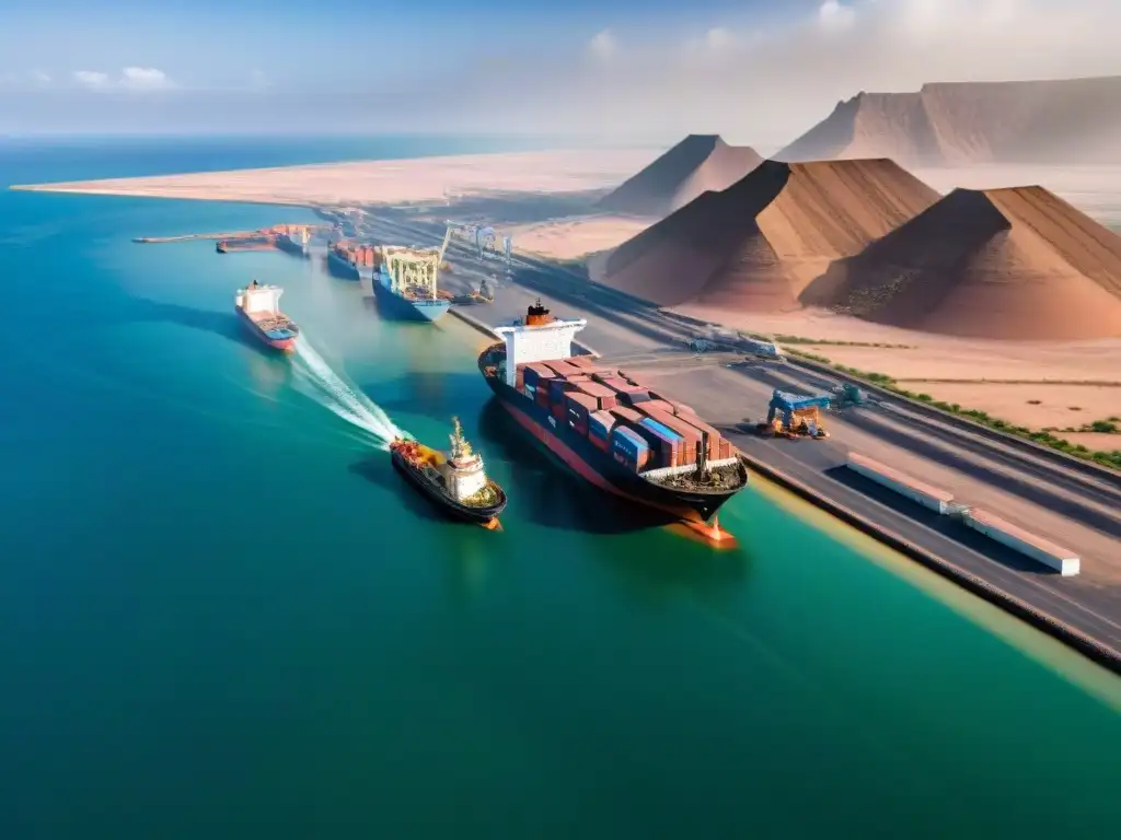 Puerto estratégico de Djibouti: barcos cargueros, desierto, buques militares y redes viales