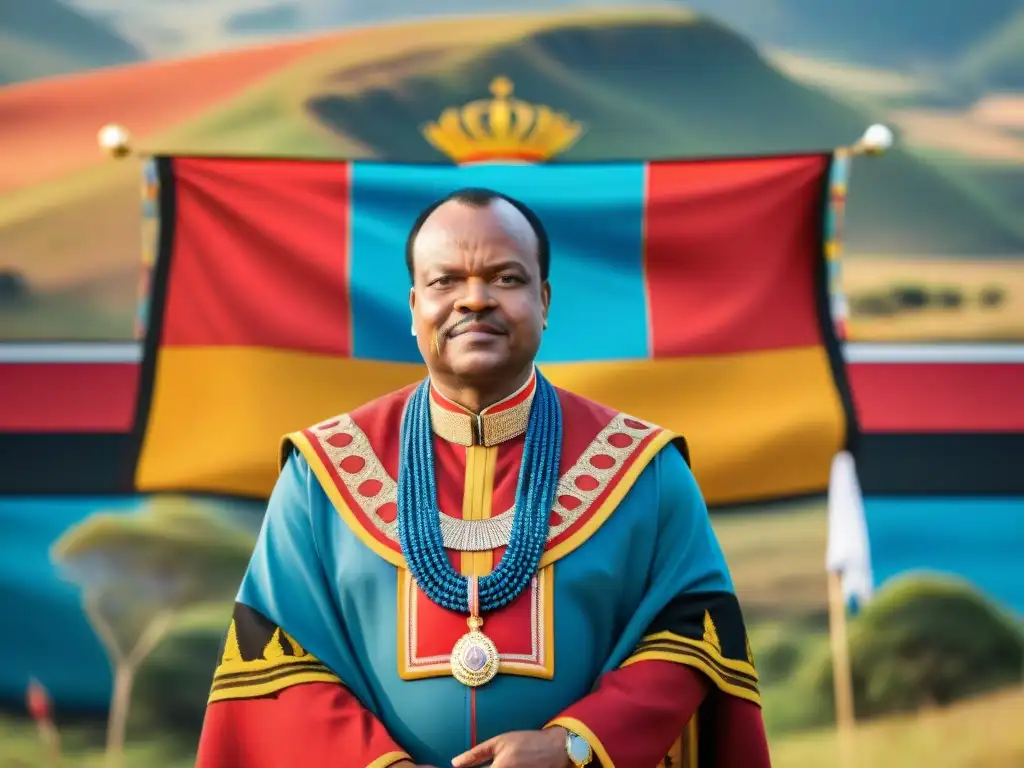 Realeza africana: el Rey Mswati III de Eswatini y su corte, ataviados con vestimenta tradicional, junto a la bandera nacional