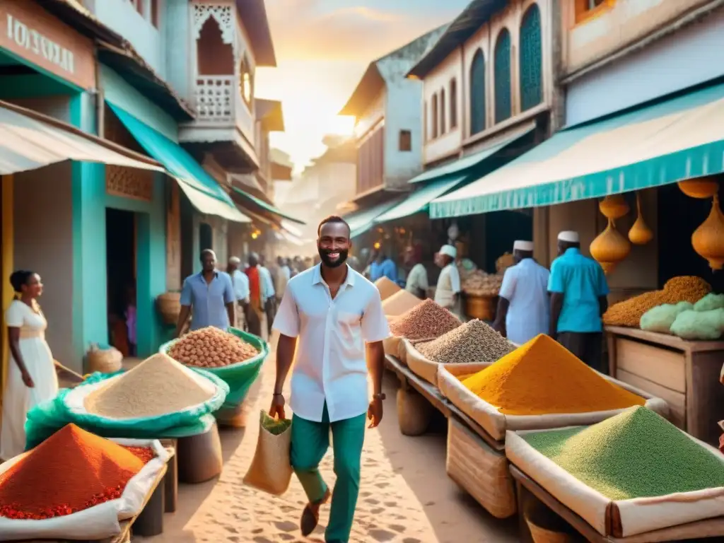 Redes comerciales en bullicioso mercado de Stone Town, Zanzíbar, resaltando la rica cultura de África