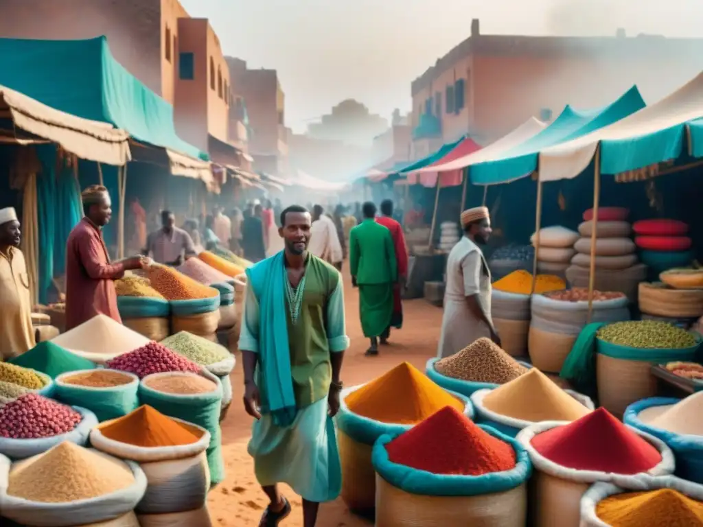 Redes comerciales transafricanas en el bullicioso mercado del Cuerno de África con mercaderes de diversas culturas