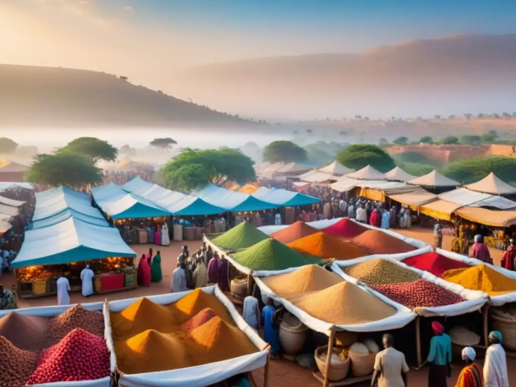 Redes comerciales transafricanas en un bullicioso mercado del Cuerno de África al atardecer